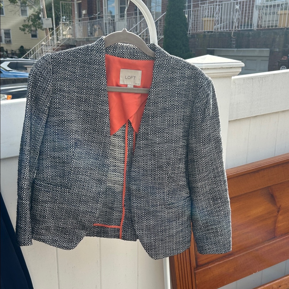 LOFT Women's Black and White Blazer with Coral Trim